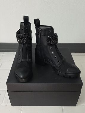 Karl Lagerfeld Pippa Mesh Wmn's Blk Crystal Embellished Combat Boots. S9. NEW.